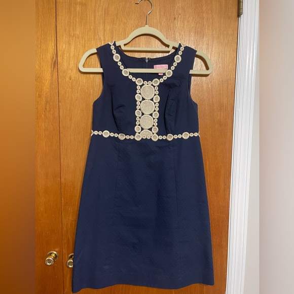 Lilly Pulitzer Rosalie Shift Dress Navy Blue and Gold Embroidery size 2 - Picture 2 of 5